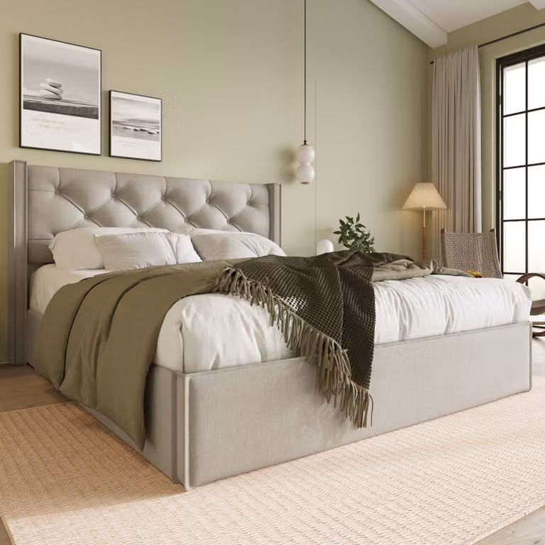 Letto matrimoniale con struttura a molle MODFU, imbottito, dimensioni 160x200 cm, con meccanismo idraulico, rete a doghe in metallo, senza materasso, colore grigio chiaro