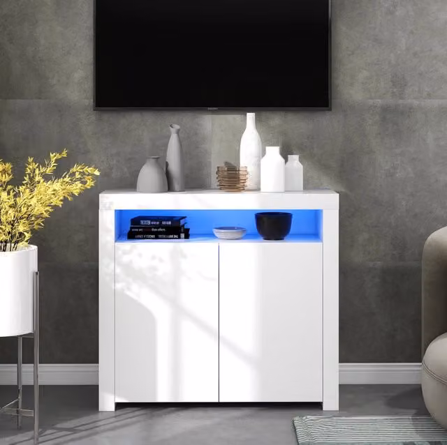 Sideboard moderno in MDF bianco lucido con illuminazione LED integrata, 2 ante e vano aperto, L: 108 cm, P: 40 cm, H: 92 cm – 1