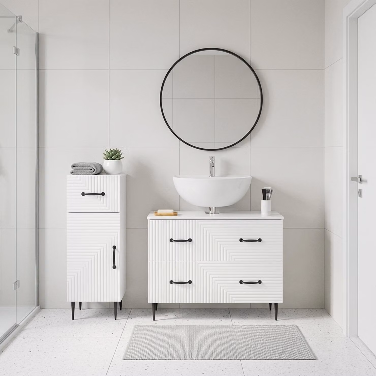 Set di mobili da bagno vidaXL HAARLEM composto da 2 pezzi, mobile lavabo e mobile contenitore, bianco lucido, design moderno