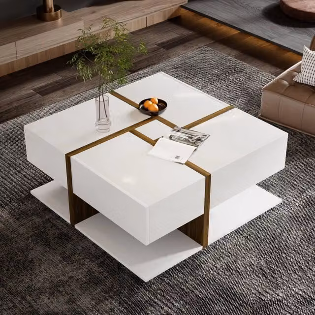 Tavolino da caffè quadrato WISHDOR moderno con 4 cassetti e ripiano inferiore, finitura lucida bianco e effetto legno, L/P/H: 78 x 78 x 34,8 cm