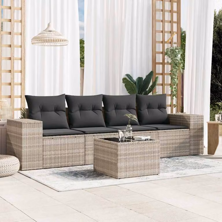 Set Divano da Giardino vidaXL 5 Pezzi con Cuscini Grigio con Tavolino e Pouf in Polyrattan e Acciaio
