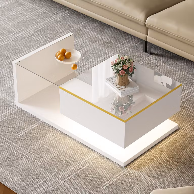Tavolino Merax da 90 cm con piano in vetro, tavolino con illuminazione a LED, tavolino da salotto moderno, vano portaoggetti, bianco lucido