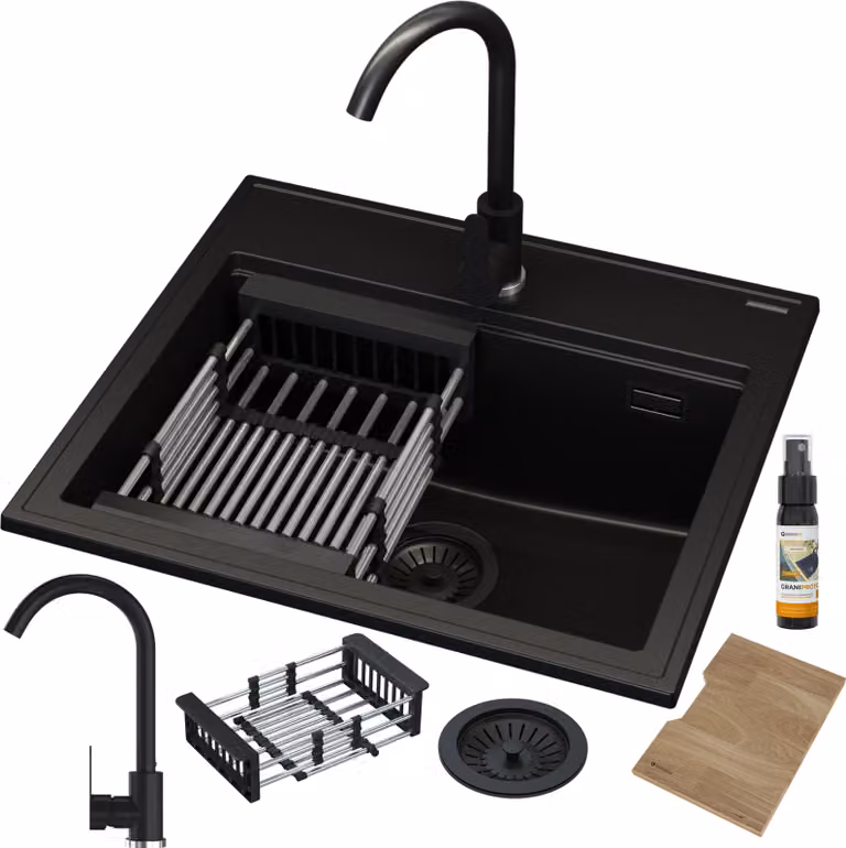 Granitan - Lavello in granito - Lavello da cucina - 56x50 cm - Nero - con rubinetteria PRESTIGE, sifone e accessori - FOXAL