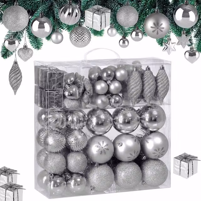 Set da 103 palline di Natale Deuba® argento con decorazioni a cuori e stelle in plastica per il tuo albero