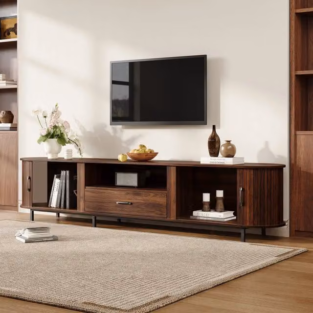Mobile porta TV in MDF con 2 ante scorrevoli 1 cassetto e 2 vani aperti per soggiorno noce con gambe in metallo