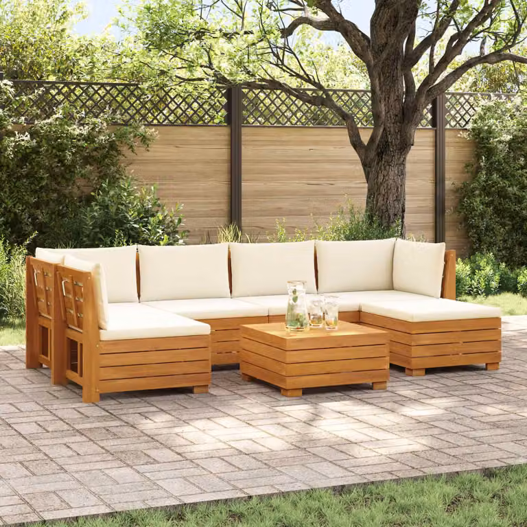 Set di divani da esterno vidaXL in legno di acacia massello marrone con 7 pezzi, forma a U, compreso tavolo da caffè, pouf e cuscini beige resistenti alle intemperie