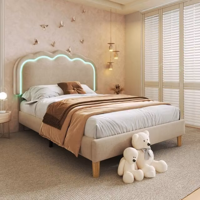 Letto singolo imbottito WISHDOR beige con illuminazione sotto il letto e luce da lettura integrata L/P: 90 x 200 cm