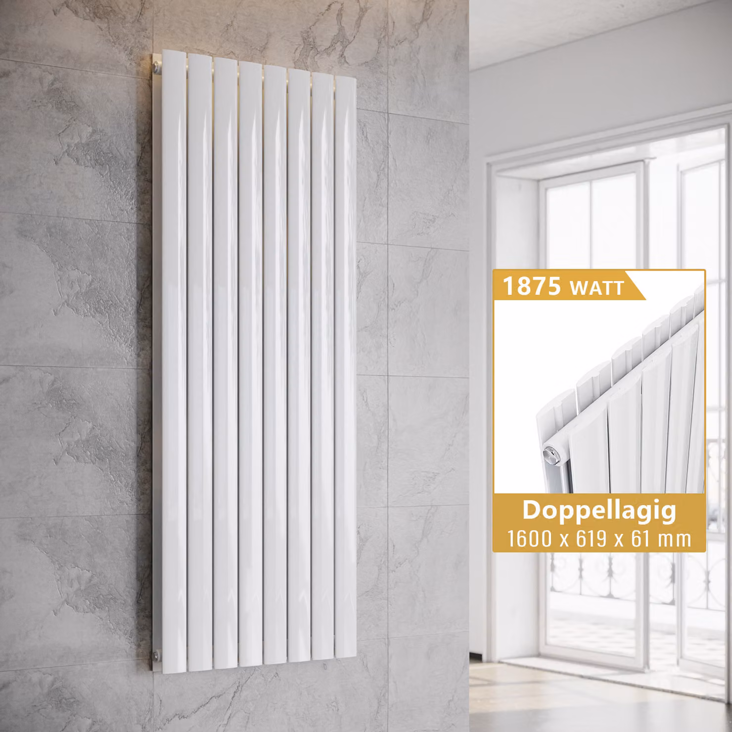 SONNI Radiatore verticale di design a pannelli, a doppio strato, bianco, 1600×619 mm, senza resistenza