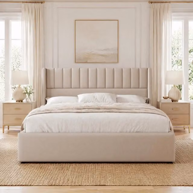 Letto matrimoniale con contenitore MODFU in lino beige con testiera imbottita e rete sollevabile L/P: 140 x 200 cm