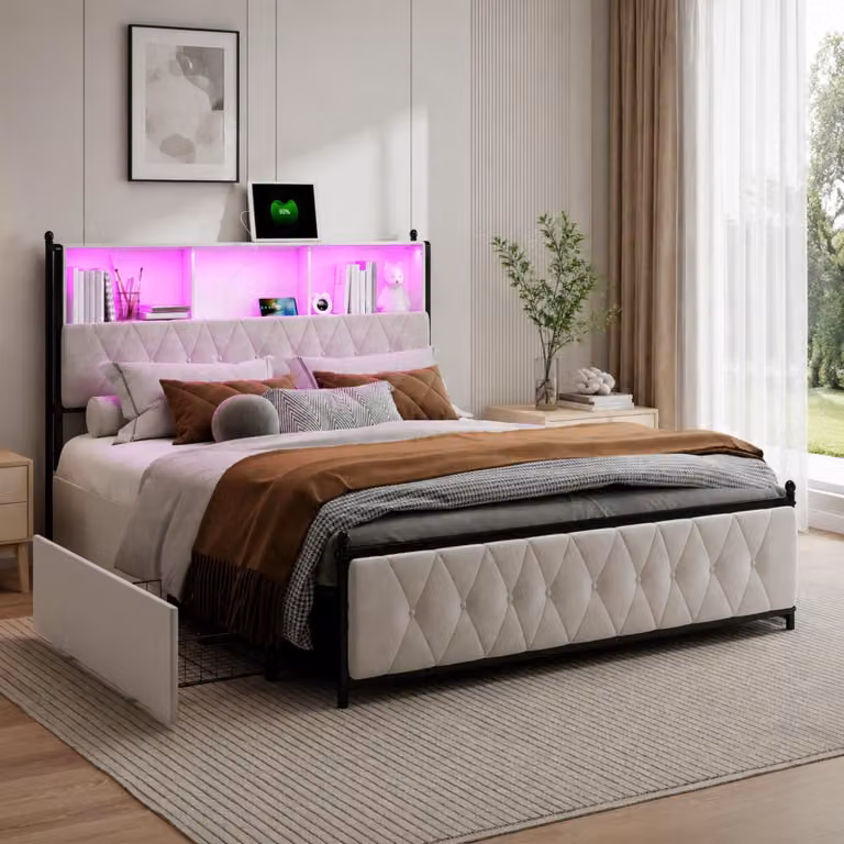 Letto matrimoniale INONEFT 160x200 cm con 4 cassetti, letto imbottito con illuminazione LED e porte USB e Type-C, struttura letto per giovani con rete a doghe, tessuto velluto, colore beige