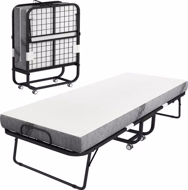 Letto pieghevole con materasso HOMCOM, letto supplementare portatile su ruote con telaio in acciaio e rivestimento in tessuto, Bianco, L 80 cm x P 200 cm – 1