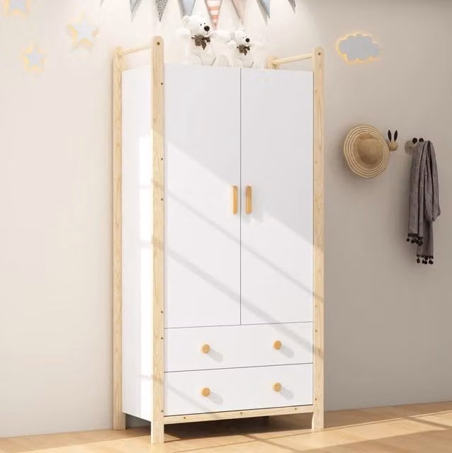 Armadio guardaroba 2 ante con appendiabiti e 2 cassetti; 90×45×180 cm; bianco e naturale
