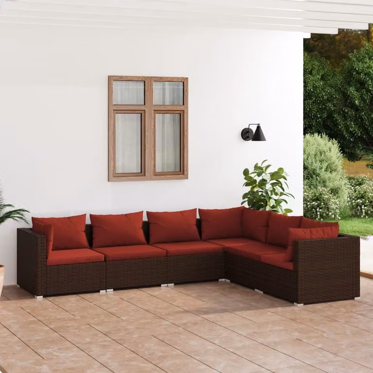 The Living Store Set da giardino da 6 pezzi con cuscini in poly rattan marrone