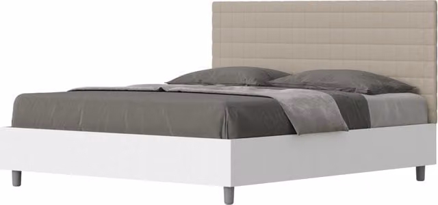 Letto Matrimoniale con Contenitore a Alzata Giordanoshop, Struttura Bianco Frassico e Testata in Similpelle Beige, L/P: 160 x 200 cm