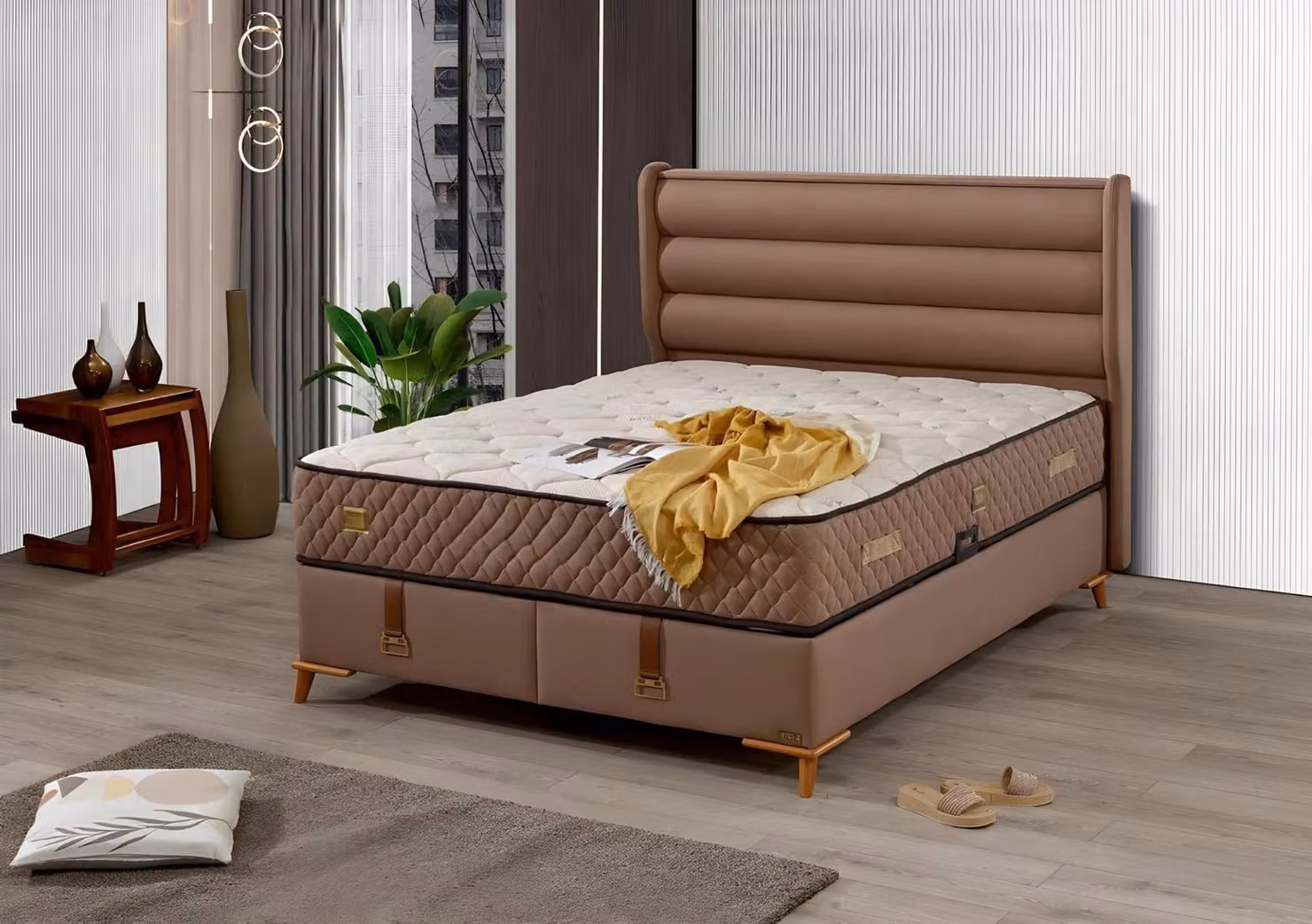 Hochwertiges braunes Holz-Textil Bett mit Matratze im eleganten Stil