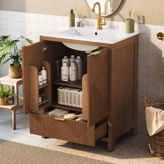 Mobile bagno freestanding 61x47x87 cm con lavabo in ceramica; MDF noce e ante soft-close