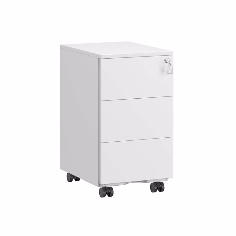 Cassettiera da Ufficio Studio Mobiletto con Ruote, Bianco Opaco / 3 Cassetti (40P x 30l x 54H cm)