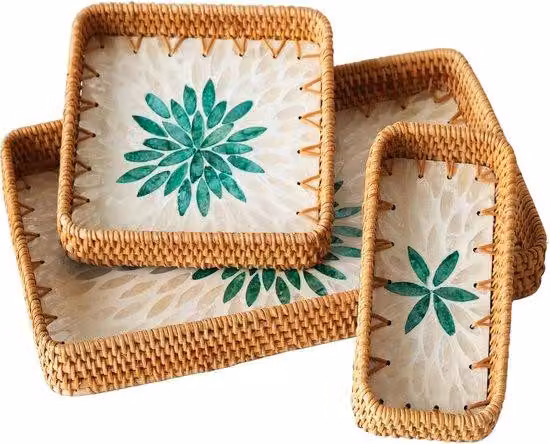 Ciotole da portata in rattan intrecciato da 15 pollici, a tre quarti di cerchio, con manici; decorazione da tavola in stile boho in rattan; ciotole da portata fatte a mano