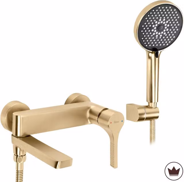 Rubinetto da vasca a parete Rea Maxim con leva singola e beccuccio orientabile in ottone color oro spazzolato – 1