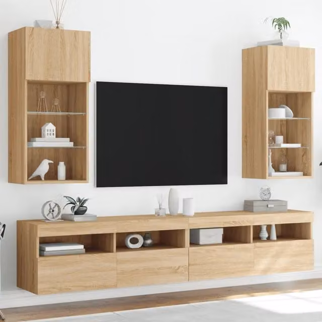 Set di 2 Mobili TV a parete vidaXL con Luci LED integrate in Rovere, L/P/H: 40,5 x 30 x 90 cm – 1