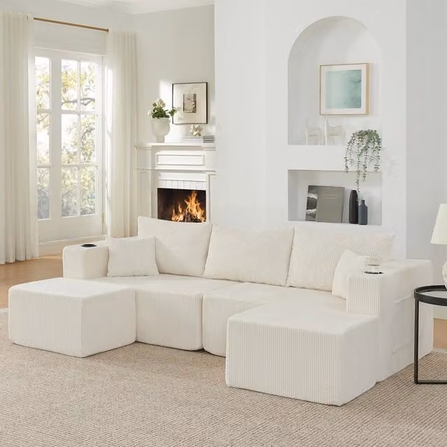 Divano angolare 3 posti ¨C Minimal ¨C Beige in tessuto con cuscini contenitore