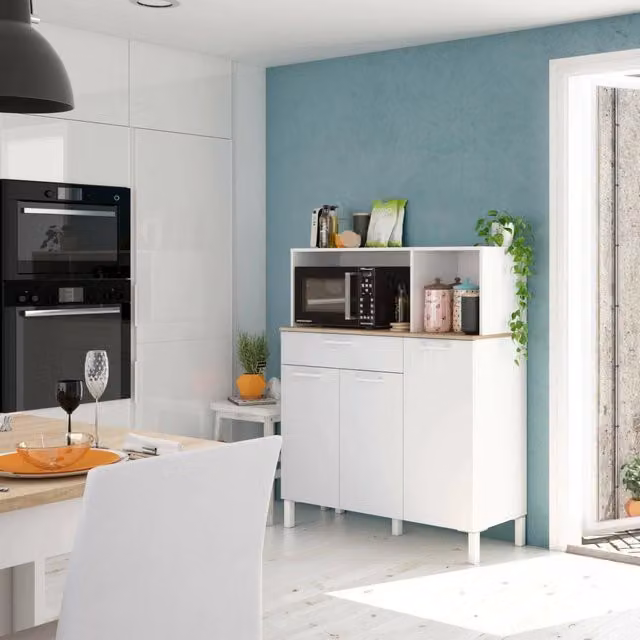 Armadio multiuso Angstrom DMORA con 3 ante e 1 cassetto, mobile ausiliario per cucina o bagno, Bianco e Rovere, L: 108 cm, P: 40 cm, H: 126 cm