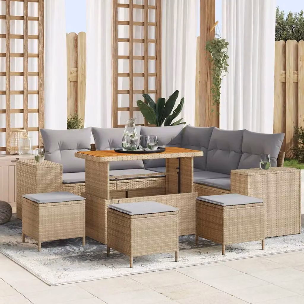 Set Divano da Giardino vidaXL 9 Pezzi con Cuscini Beige e Grigio per 8 Persone con Tavolino e Ottoman in Acciaio Verniciato a Polvere – 1
