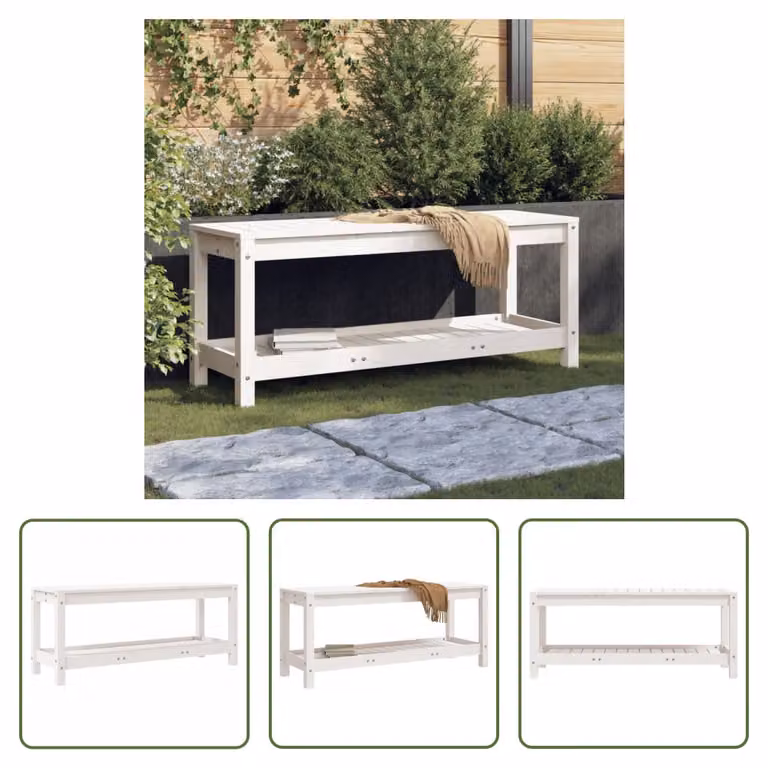 The Living Store Panca da giardino bianca 108x35x45 cm in legno di pino massiccio