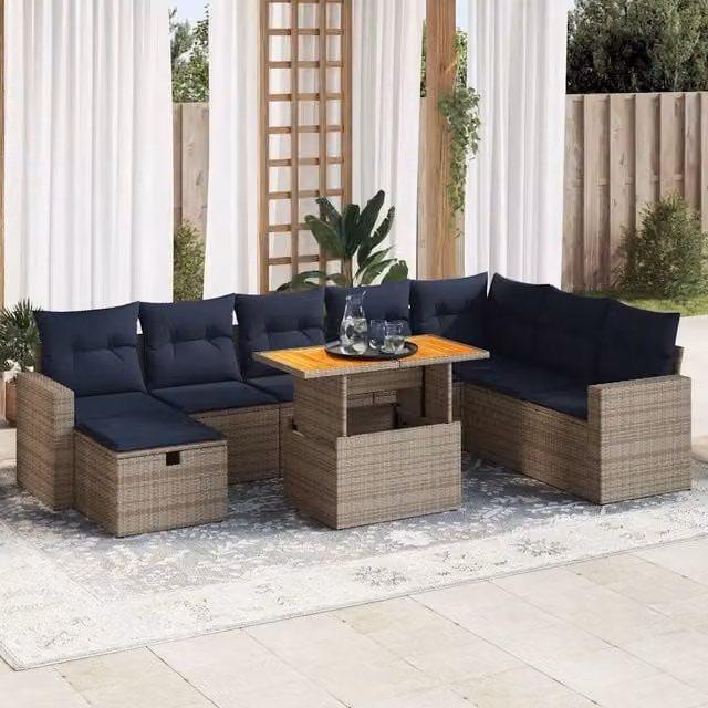 Set Divano da Giardino 9pz con Cuscini Grigio Polyrattan Acacia 3328020