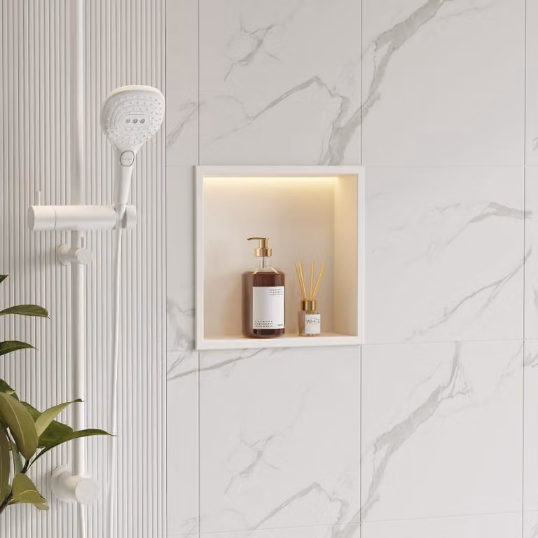 Nicchia da doccia a parete in acciaio inossidabile, 30x30 cm, con illuminazione LED, luce bianco caldo