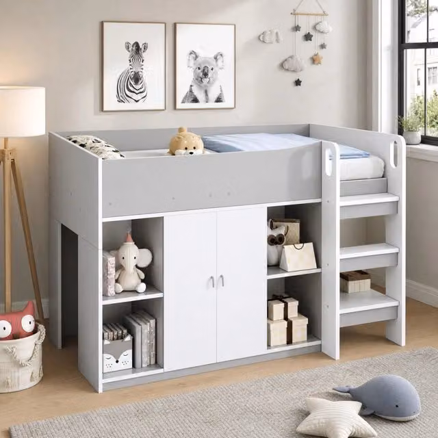 Letto a soppalco ULEVR 90x200 cm con armadio, ripiani aperti e scala integrata, bianco e grigio