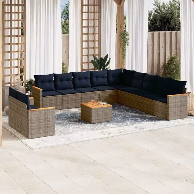 Set Divano da Giardino a Forma di U con Tavolino vidaXL in Polyrattan e Legno di Acacia, Colore Grigio e Blu con Cuscini Inclusi – 1