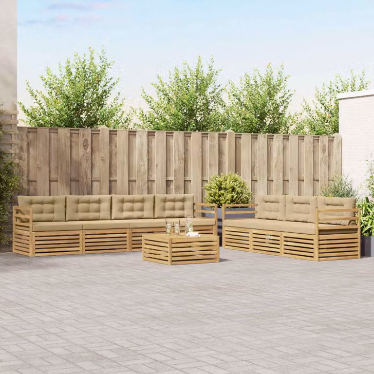 Set di divani da esterno vidaXL a forma di U composto da 8 pezzi con tavolino, in legno di acacia e tessuto bianco e beige