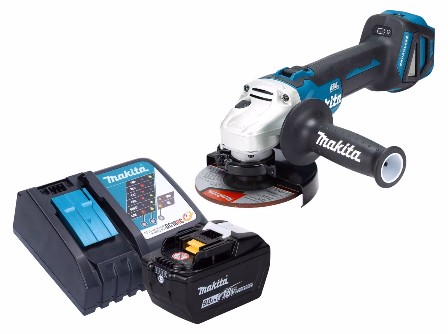 Smerigliatrice angolare a batteria Makita DGA 511 Z 18 V 125 mm Brushless + 1x batteria 9,0 Ah + caricabatterie