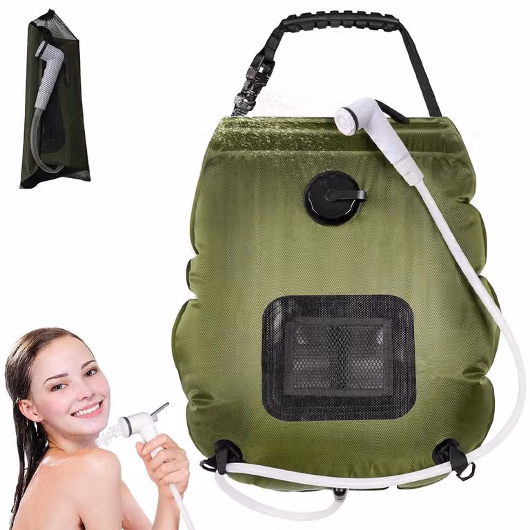 Doccia solare da 20 litri - Doccia da campeggio con soffione e termometro - Doccia solare per campeggio - Doccia da esterno - Ideale per campeggio e viaggi - Verde