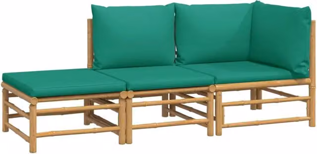 Set da giardino Outsunny in bambù con cuscini verdi composto da 3 pezzi con divano a 2 posti, elemento angolare e pouf in stile moderno