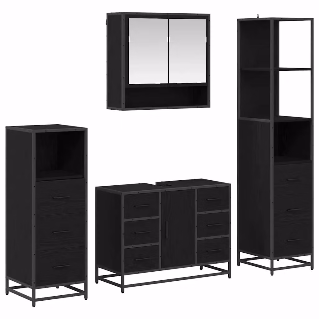 Set di mobili per il bagno moderno vidaXL 4 pezzi in rovere e nero con armadietto a specchio, mobile lavabo, mobile laterale e colonna alta L/P/H: 80 x 33 x 166 cm – 2