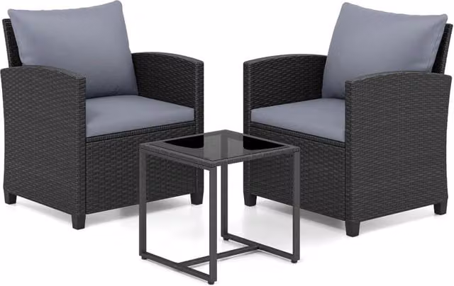 Set mobili da giardino a 3 pezzi con 2 poltrone e 1 tavolino in vetro temperato, Salotto da esterno in rattan PE Nero+Grigio
