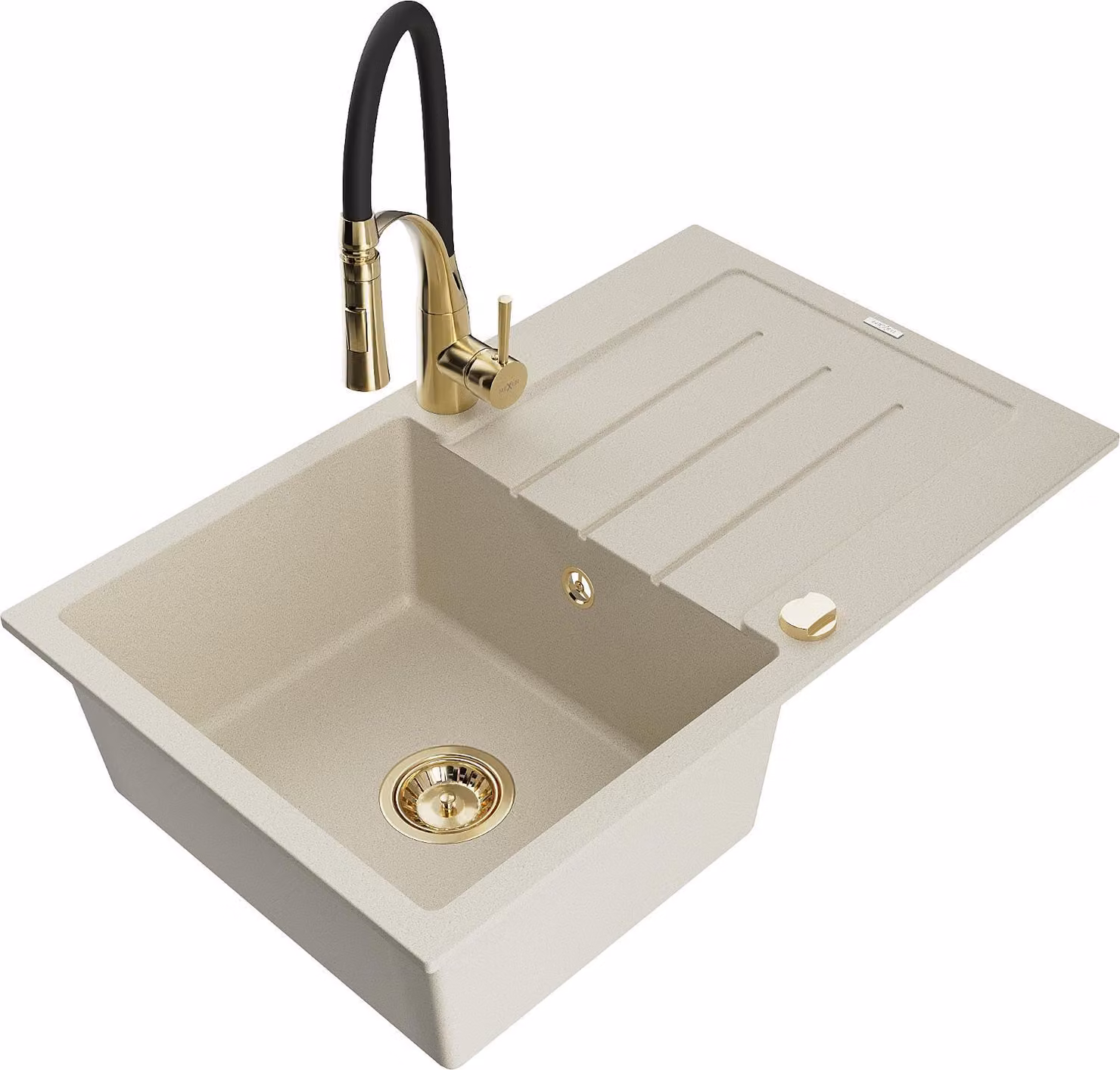 Mexen Bruno lavello in granito 1-vasca con scolapiatti e rubinetto da cucina Aster, beige - 6513-69-73450-57-G