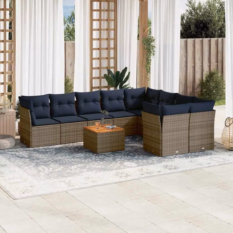 vidaXL Set di Divani da Giardino 10 Pezzi in Polyrattan con Cuscini Grigio e Blu e Tavolino da Caffè