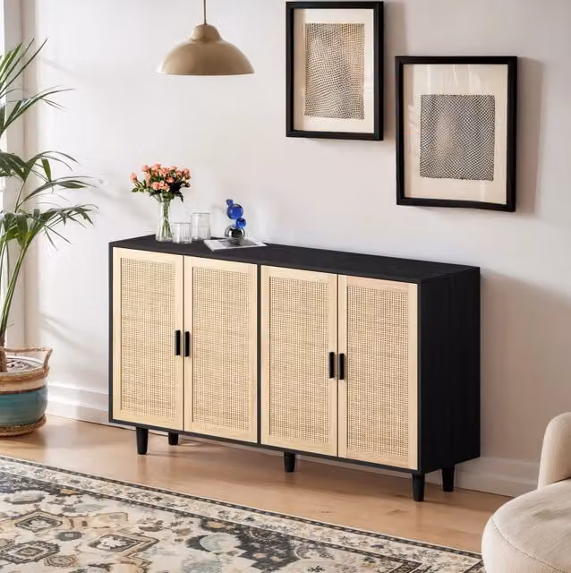 Mobile contenitore nero in rattan con 4 ante, 158 cm, per soggiorno, camera da letto e ufficio
