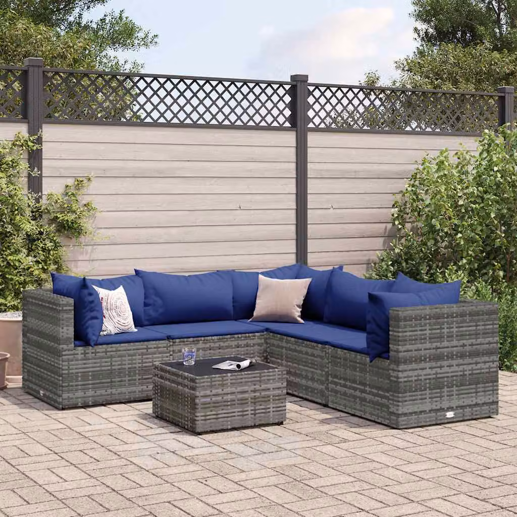 Set Divani da Giardino vidaXL 6 pz a Forma a L con Tavolino e Cuscini, Colore Grigio e Blu – 1