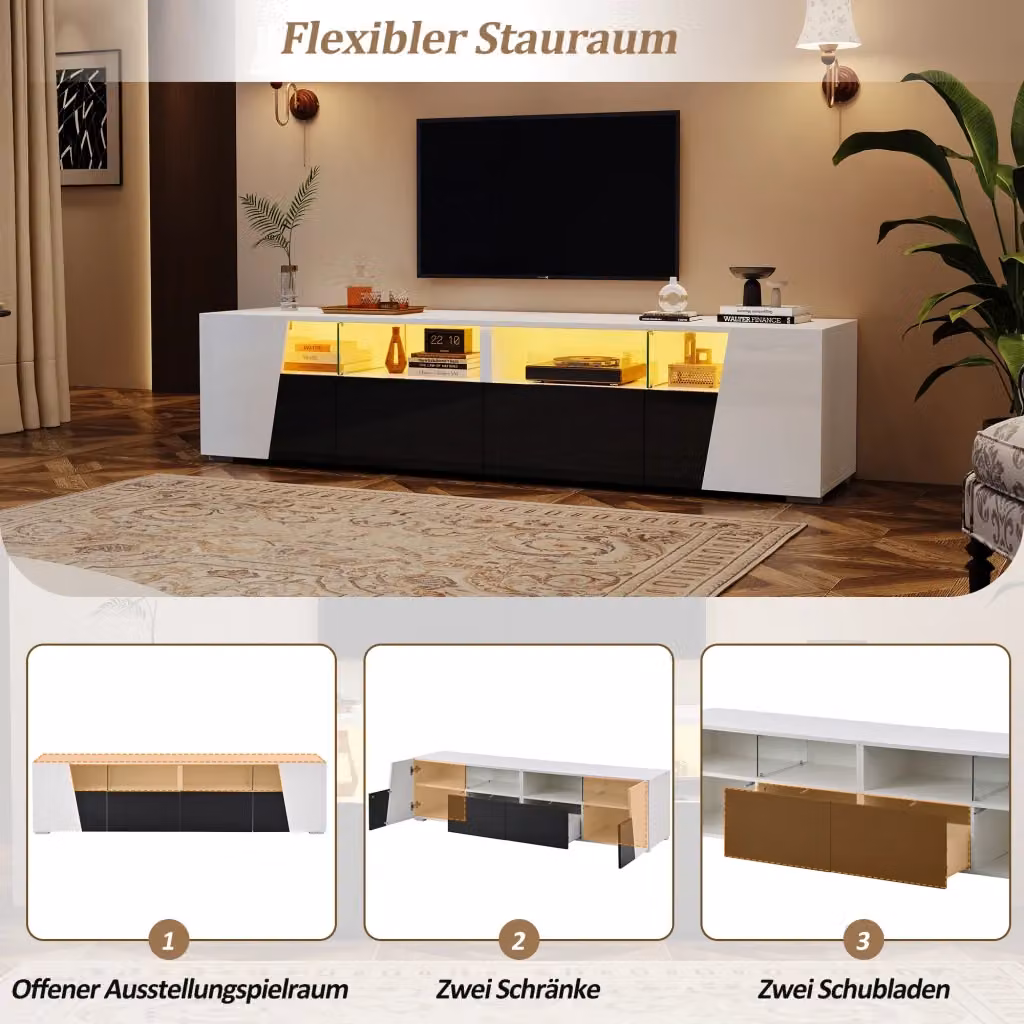 Mobile TV REDOM in MDF e Vetro Bianco e Nero con Illuminazione LED Integrata L: 180 cm, P: 38,5 cm, H: 45 cm – 2