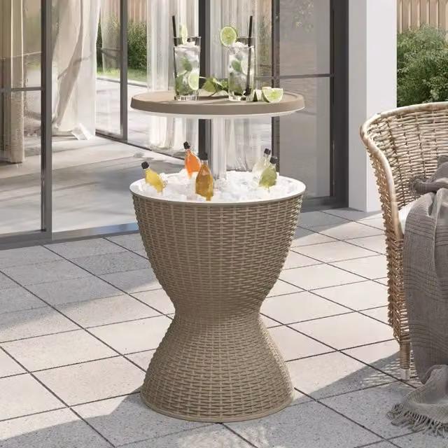 Tavolo da giardino moderno vidaXL in plastica marrone con meccanismo di regolazione dell'altezza e resistenza ai raggi UV