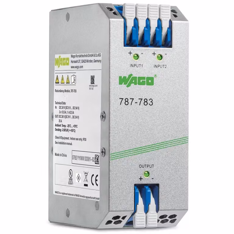 Modulo di ridondanza WAGO; tensione di ingresso 2 x CC 9 … 54 V; corrente di ingresso 2 x 12,5 A 787-783