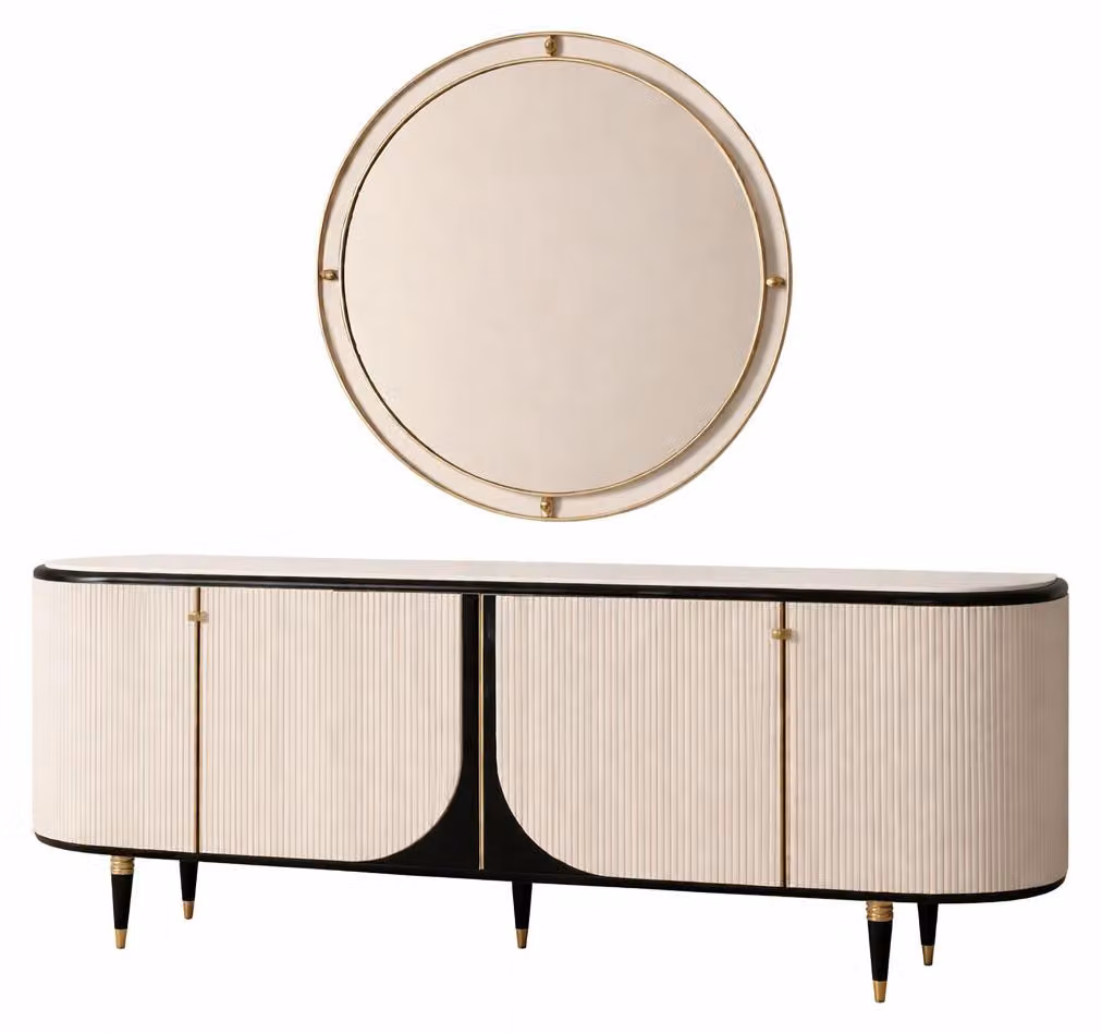 Credenza beige con specchio, moderna, in legno. Mobile per la sala da pranzo