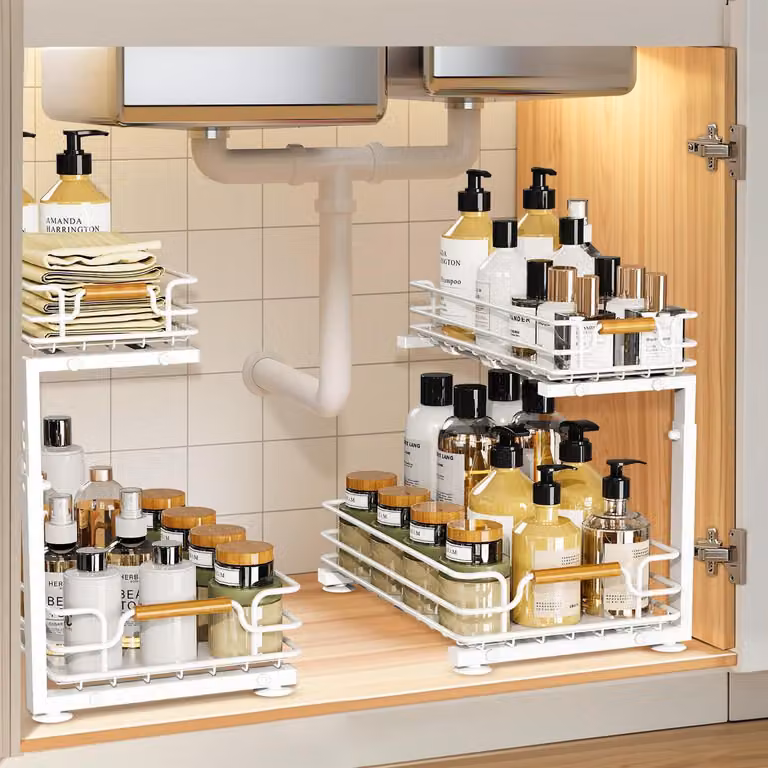 Organizzatore per lavello, 2 ripiani, metallo, altezza regolabile, 44,5 cm, bianco