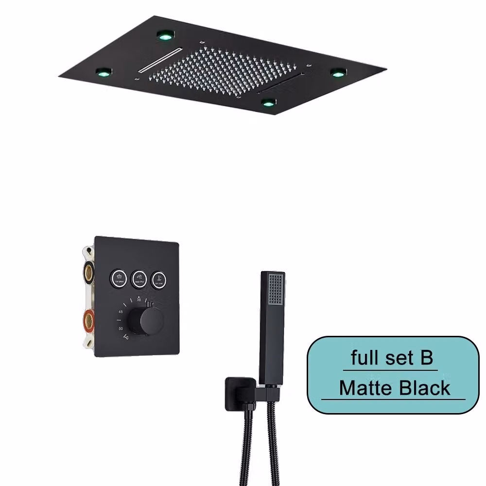 Set di rubinetti per doccia, sistema a pioggia e cascata con LED a soffitto, telecomando, set completo nero B
