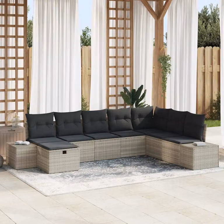 Set Divano da Giardino vidaXL 8 Pezzi a Forma di L in Polyrattan Grigio con Cuscini e Struttura in Acciaio Verniciato a Polvere