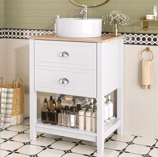 Mobile bagno freestanding con lavandino in ceramica rotondo; 60x45x91 cm; bianco e naturale